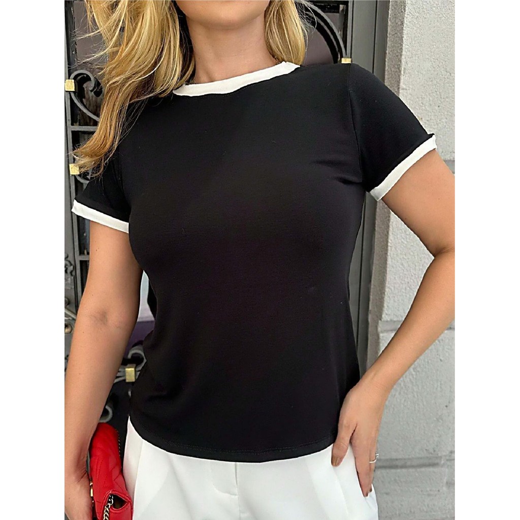 Camiseta Babylook 100% Algodão Ringer Tee Preto com Branco - No Sense