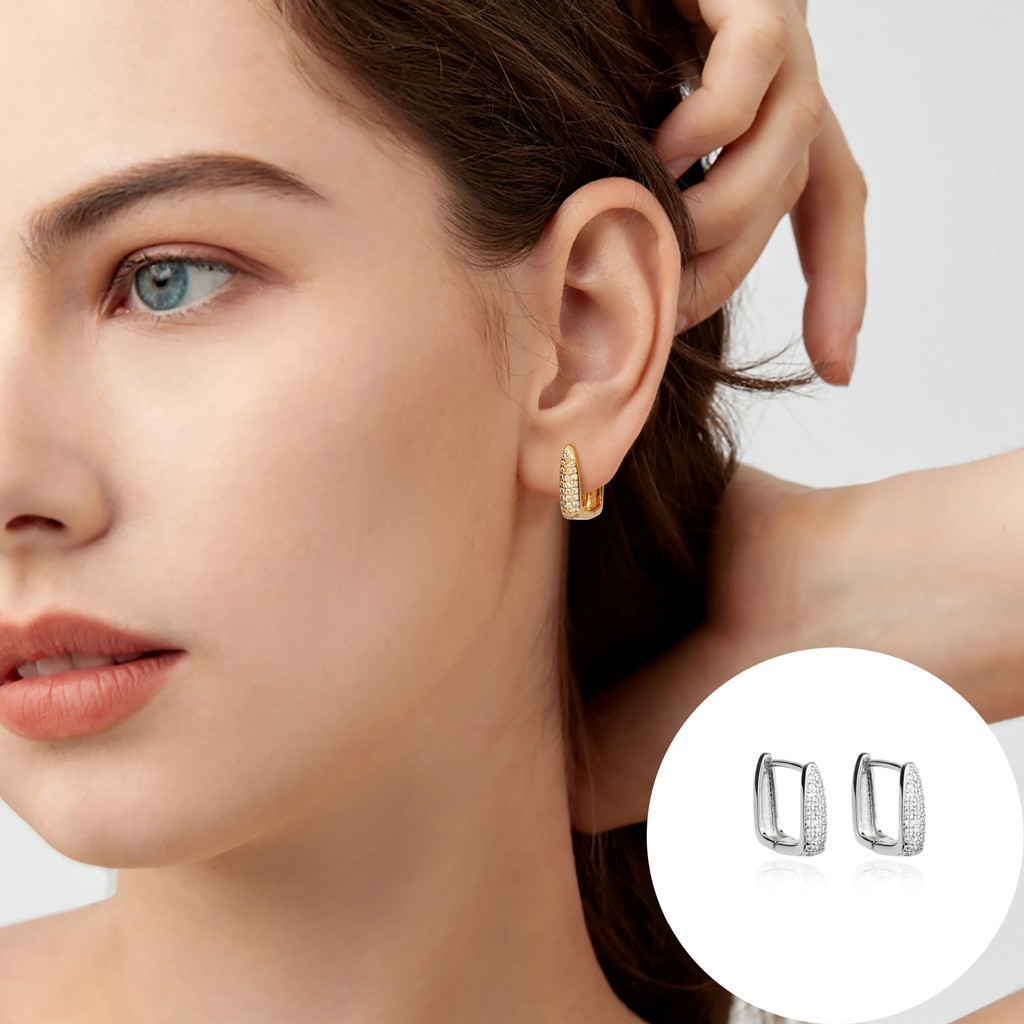 LOMISS Brincos Femininos Luxo De Strass Argola Folheada Platina Quadrada 3 Fileira Zircônia Cravejada em Oferta na Shopee