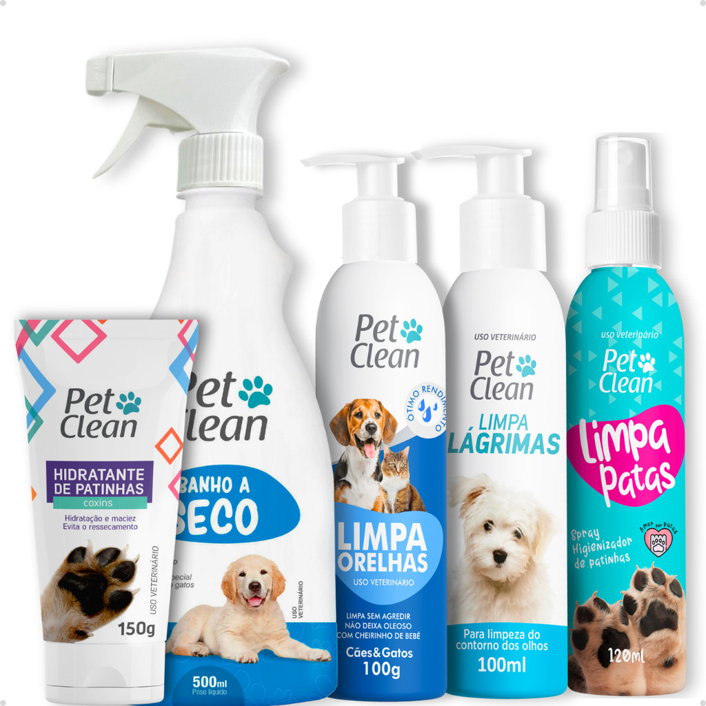 Kit Higiene 5 em 1 Pet Clean: Limpa Patas + Lágrimas + Orelhas + Banho a Seco + Hidratante Patinhas em Oferta na Shopee