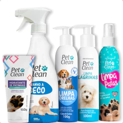 Kit Higiene 5 em 1 Pet Clean: Limpa Patas + Lágrimas + Orelhas + Banho a Seco + Hidratante Patinhas