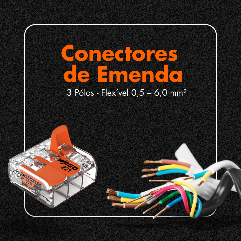 Kit 3 Conectores Emenda Para Fios 3 Polos Flexível 0,5 – 6,0 mm² 41A Wago Isola Compacto 221-613 — imagem 2 de 2