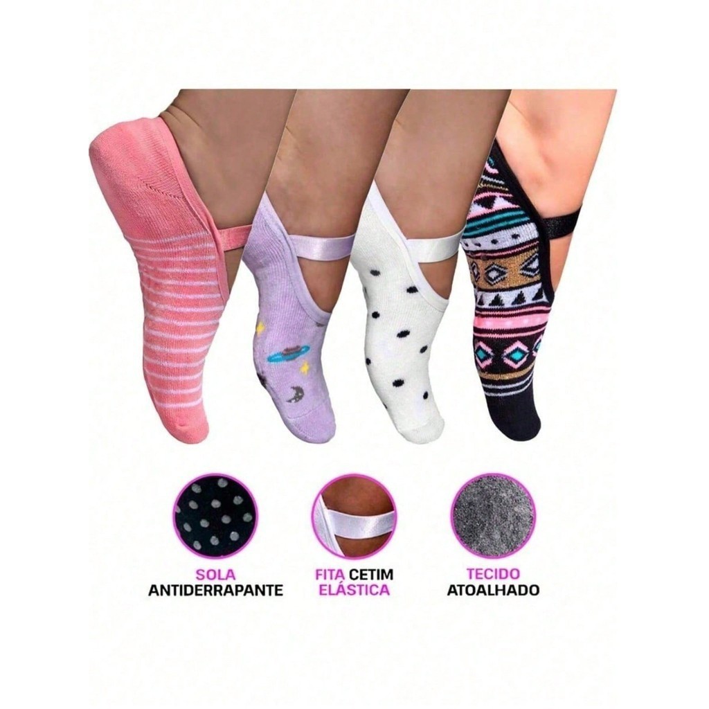 Kit 1a 5 Meia Sapatilha Antiderrapante Pilates YOGA Feminina Estampada/Lisa 35-41