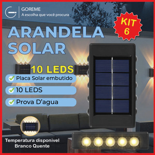 Kit 6 Luminária Arandela Solar 10 LED Luz Branco Quente para Parede a Prova dágua Spot para parede