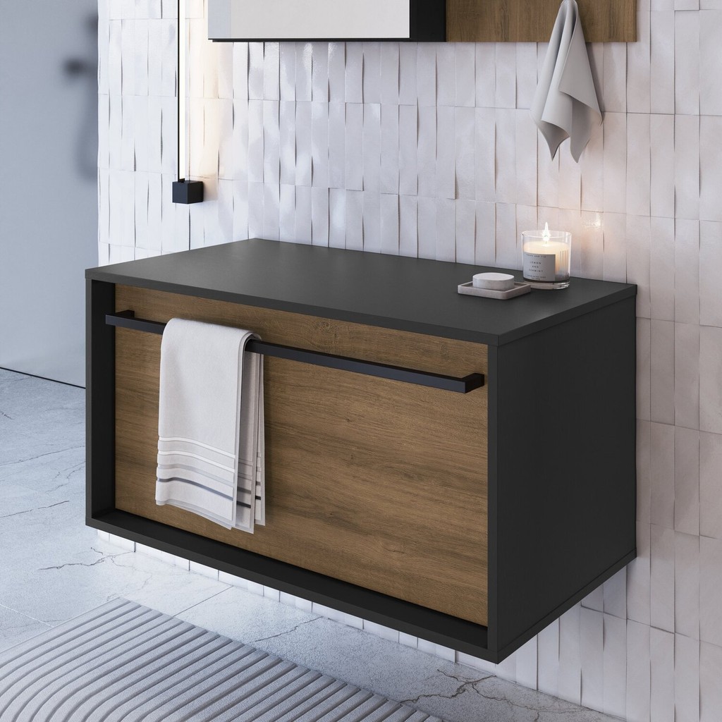 Gabinete de Banheiro Suspenso 80cm com 1 Gavetão Puxador Toalheiro Mel/Grafite em Oferta na Shopee