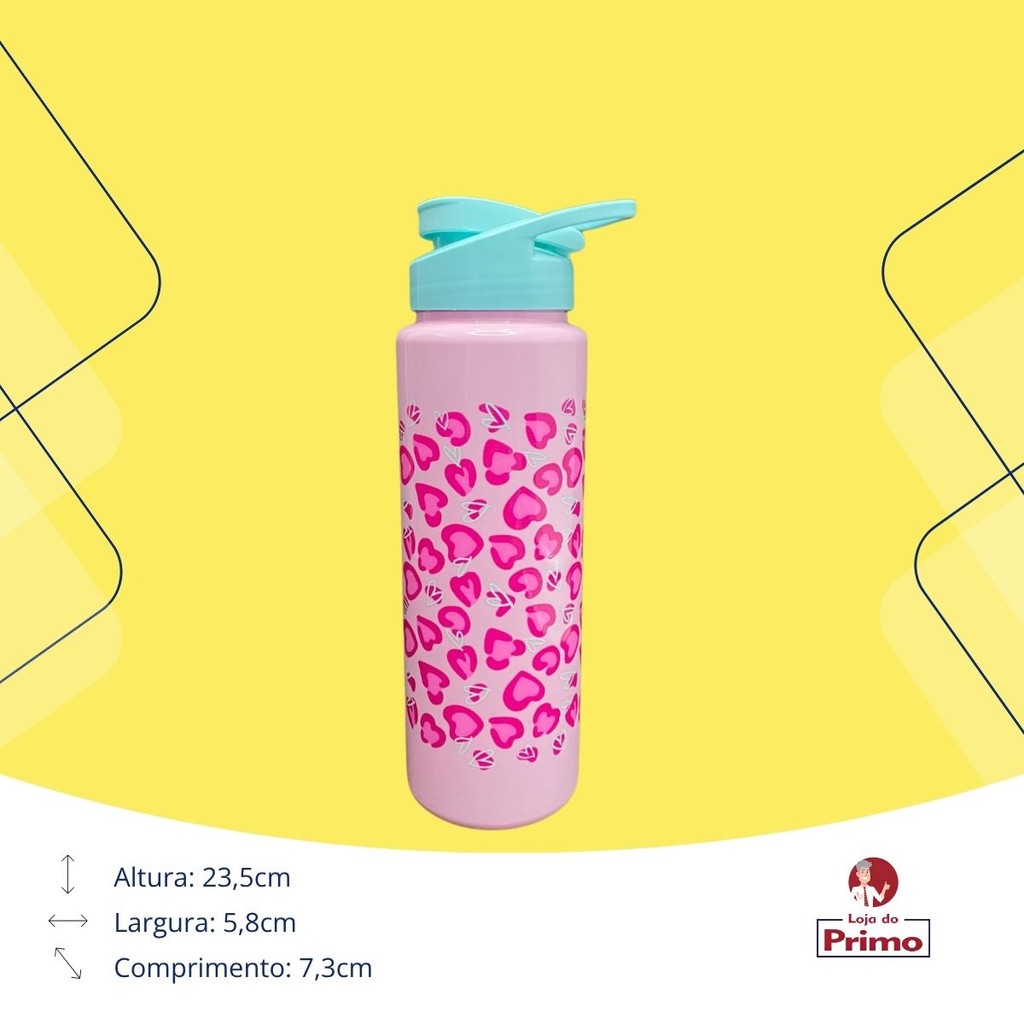 Detalhes do Garrafa Garrafinha de Água Infantil Squeeze Corações 750ml Rosa Bandeirante