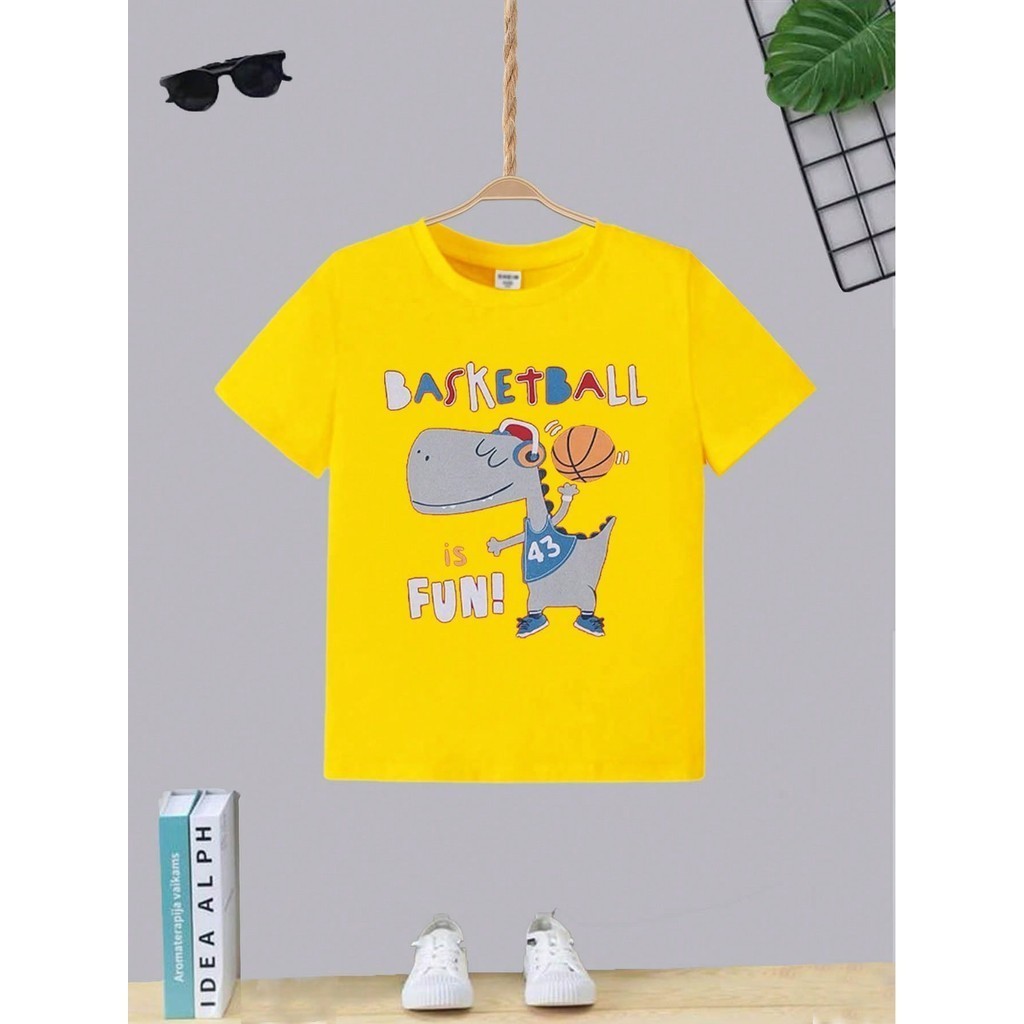 Camiseta Infantil Juvenil Teen Menino Estampa Dinossauro Basketball T-shirt Masculina Moda Algodão Gola Redonda