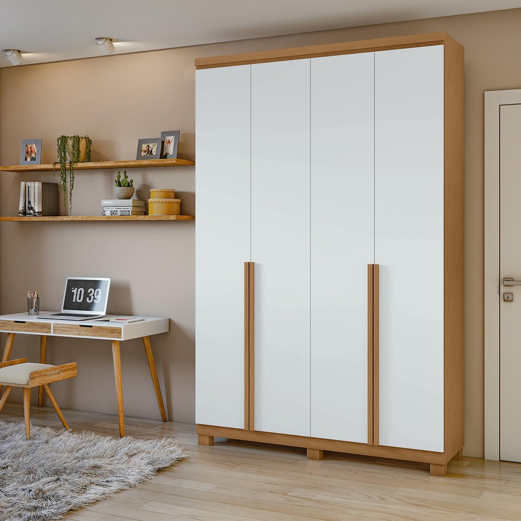 Guarda-Roupa Solteiro 100%MDF Alonzo 4 portas Com Pés Amendoa/Branco em Oferta na Shopee