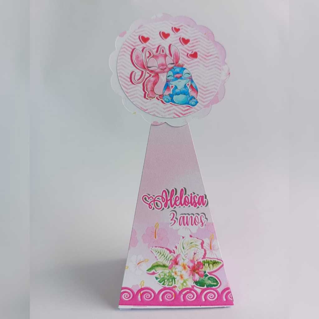 Kit Lembrancinhas de Festa Personalizada Caixinha Pirâmide PEGUE E MONTE Stitch e Angel Rosa Mimo