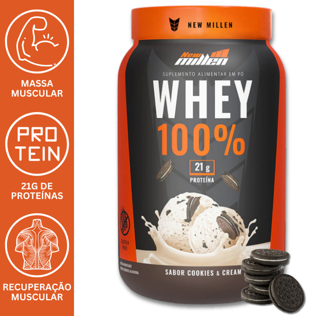 Whey  Protein 100% Concentrado Proteína do Soro do Leite Pote 900g - New Millen Suplemento Alimentar