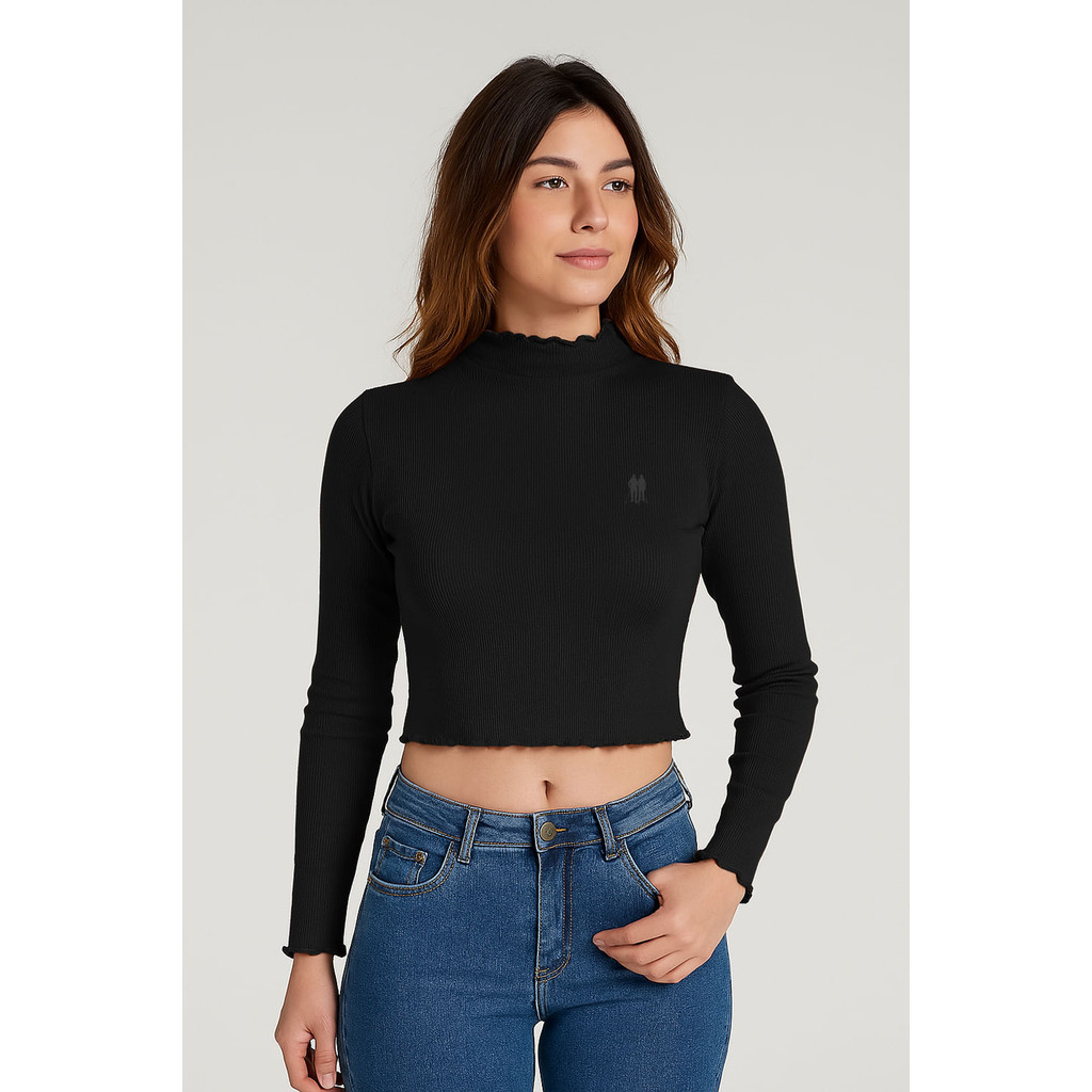 Blusa Tricot Feminina Ribana Gola Alta Polo Wear Preto - Women Clothes