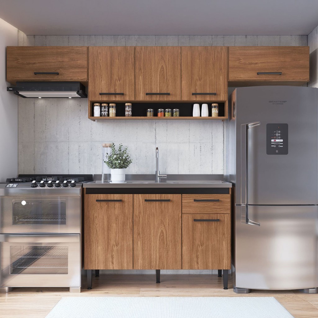 Armário de Cozinha Amanda 8 Portas 1 Gaveta Freijó/Preto - Pnr Móveis em Oferta na Shopee