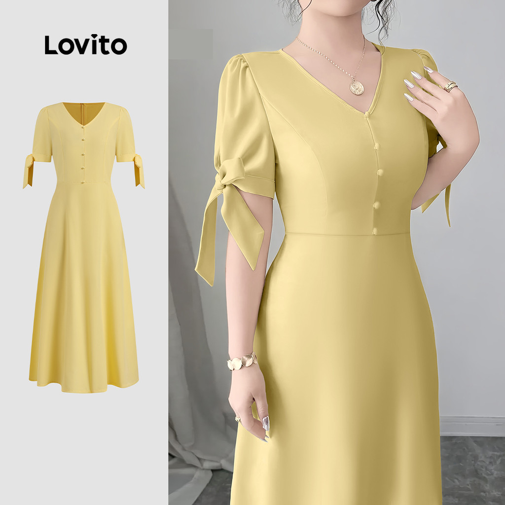 Lovito Vestido Elegante com Renda Amarra e Botão Macio e Confortável para Primavera/verão amarelo L137ED169 em Oferta na Shopee