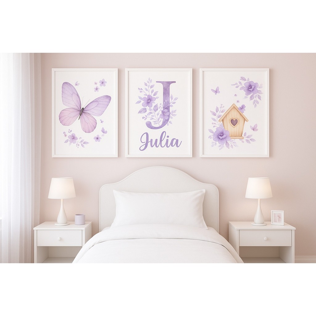 Quadros decorativos infantil menina Borboleta jardim lilás decoração para quarto infantil em Oferta na Shopee