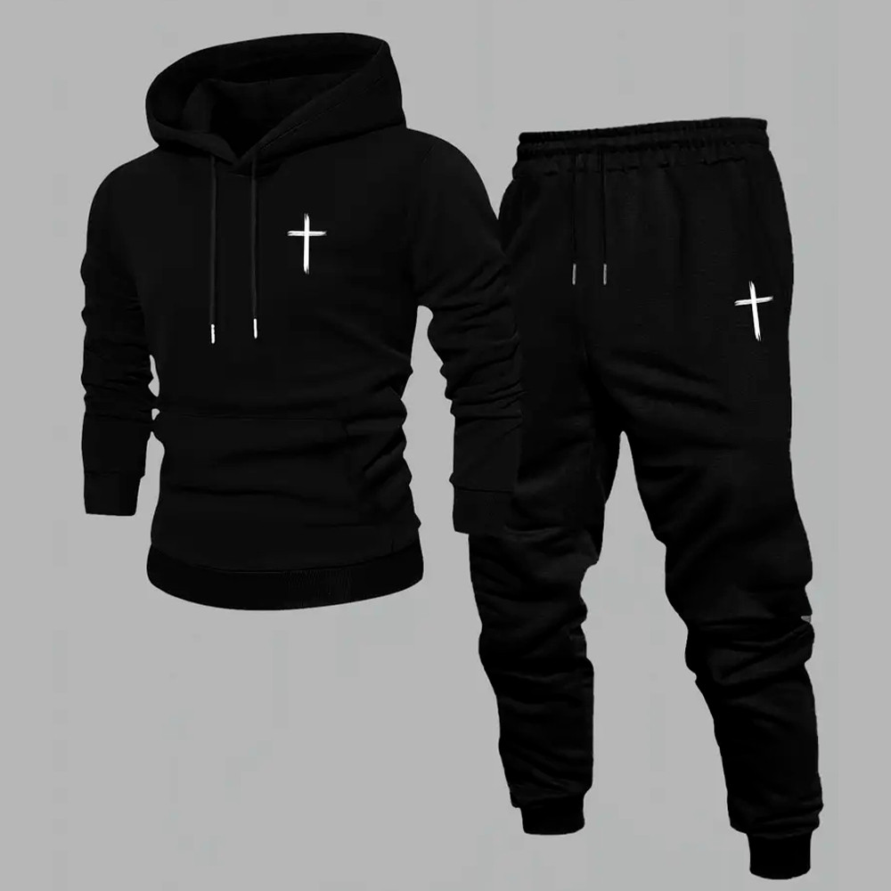 Conjunto Moletom Calça Algodão Cruz Minimalista Cristã Jesus Moda Unissex