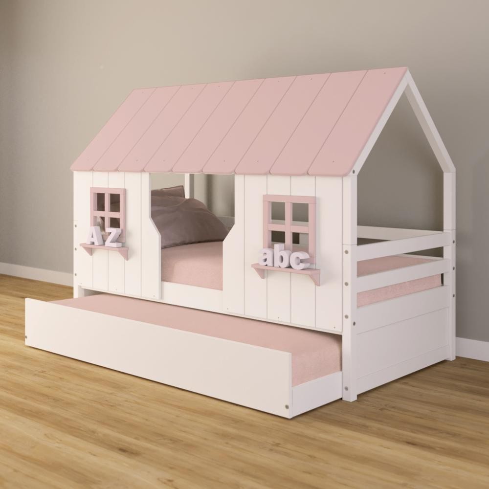 Bicama Casinha Encantada Madeira Maciça Branco/ Rosa Housin em Oferta na Shopee