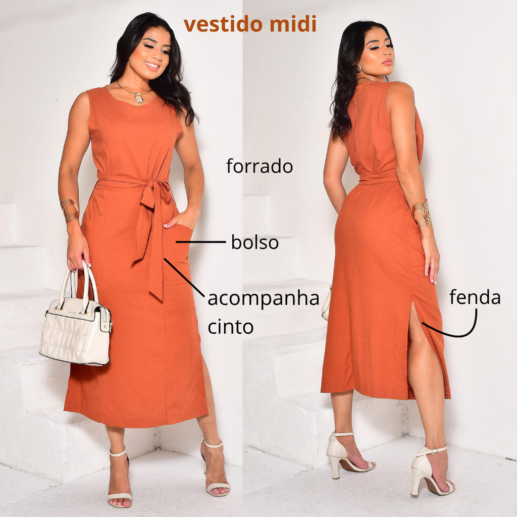 Vestido Midi Linho Feminino com Bolsos e Faixa – Elegante em Oferta na Shopee