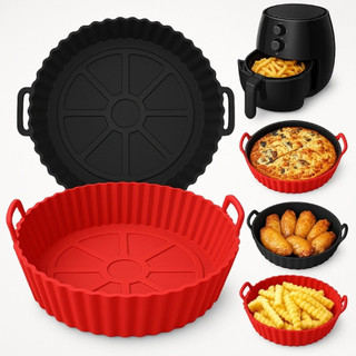 Kit 4 Formas de Silicone Redonda Pequena Silicone 13,5cm x 5cm Para Air Fryer Vermelho ou Preto