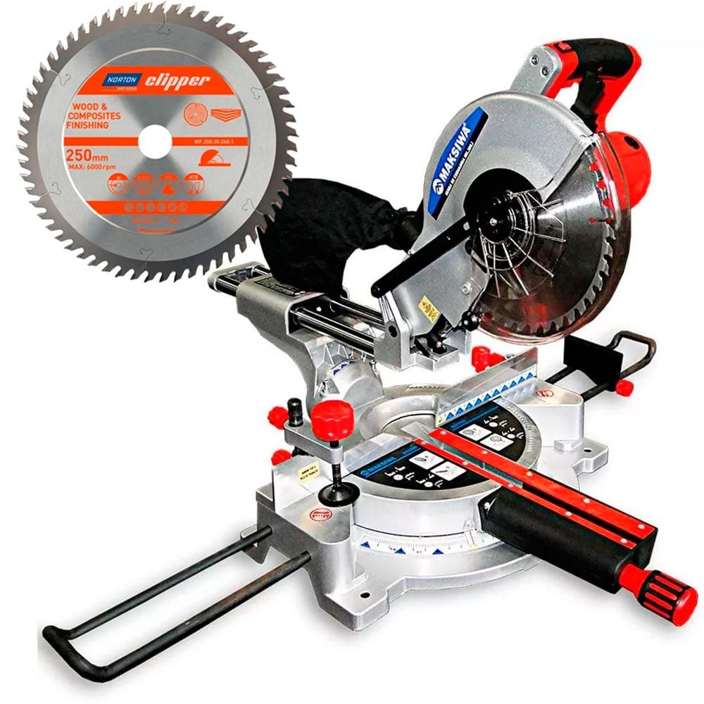 Serra meia esquadria telescópica 10" 2.000W guia laser MK.300.I + Disco de serra 80 dentes Maksiwa