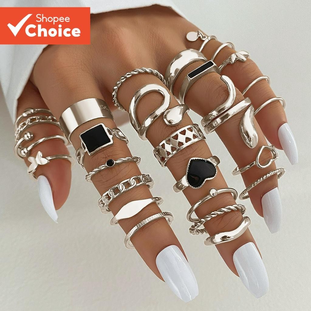 Conjunto De Anéis Quadrados De Coração Epóxi Preto 27 Peças Joias Da Moda Feminina Presente