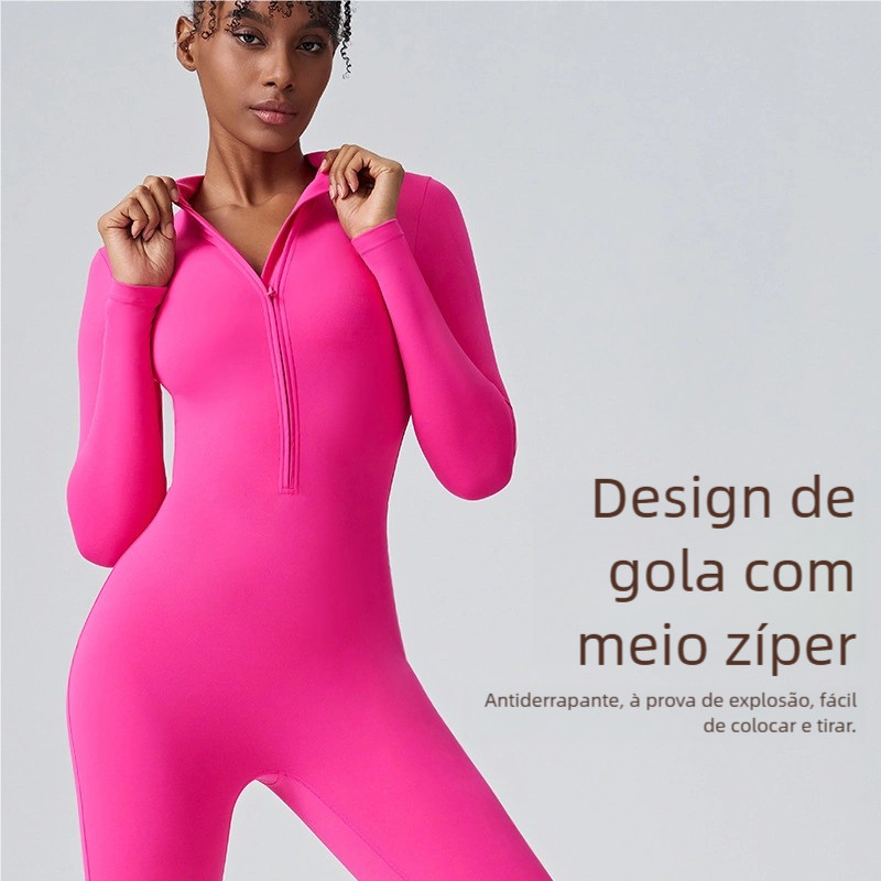 Novo Europeu-americano zipper nudez manga longa yoga uniforme mulher alta intensidade fitness corrida desporto uniforme