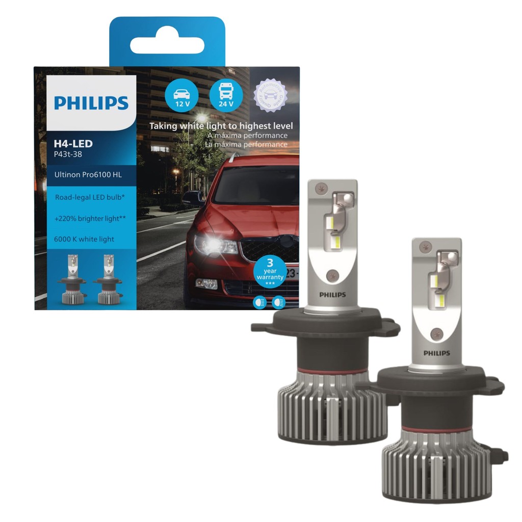 PAR DE LÂMPADAS LED H4 PHILIPS ULTINON PRO6100 12/24V 6.000K