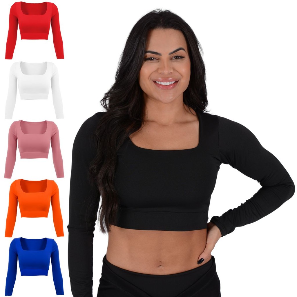 Top Feminino Cropped Fitness Com Manga Longa Treino Academia Suplex Esportivo Conforto Luxo Casual