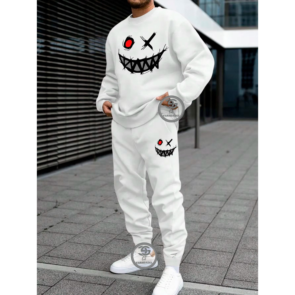 Conjunto de moletom Smiley desenhos Gola redonda moda casual solto moletom masculino e Feminino Blusa + Calça moletom