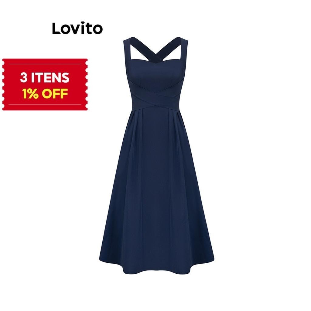 (Trendy) Lovito Vestido Elegante Liso Plissado Com Cadarço Para Mulheres L104ED144 em Oferta na Shopee