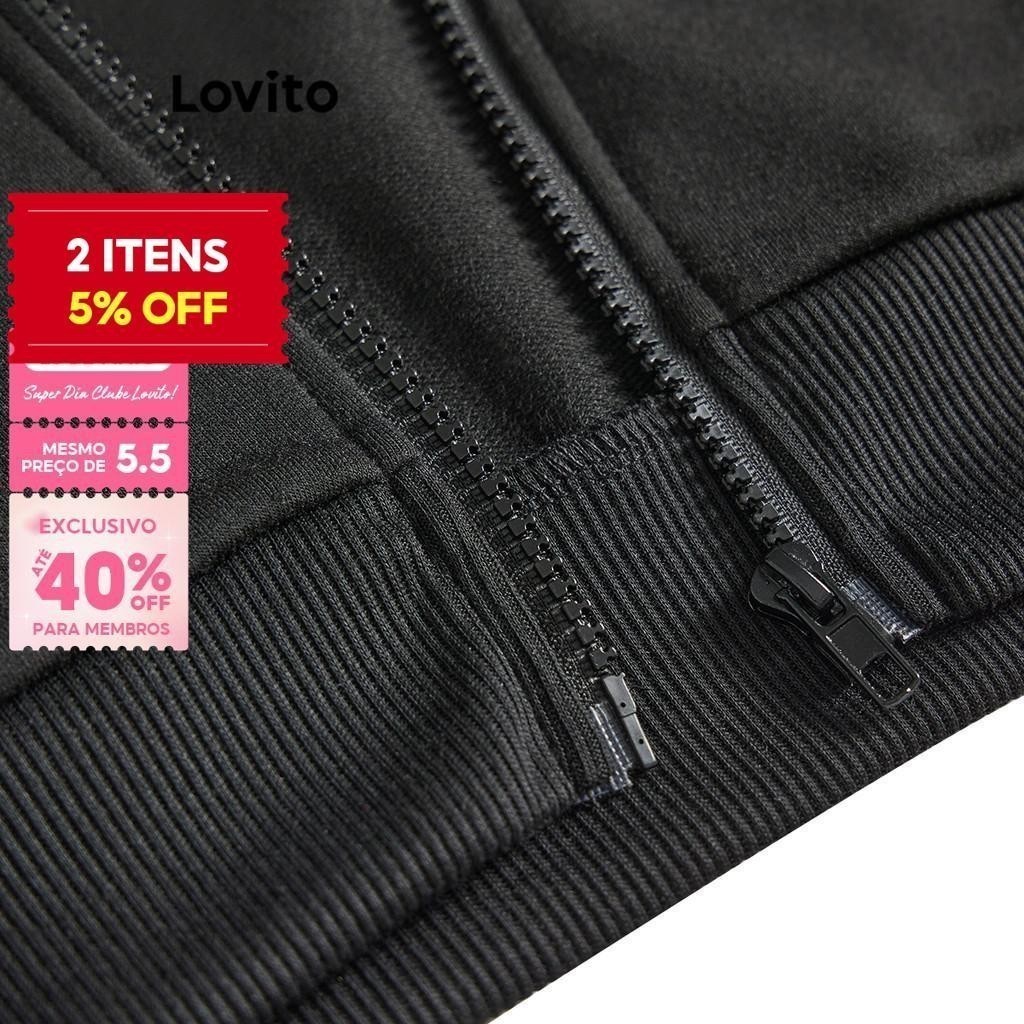 (Trendy) Lovito Jaqueta Casual Solta de Mangas Longas com Forro de Pele e Zíper para Mulheres LNA06174 (Preto) em Oferta na Shopee