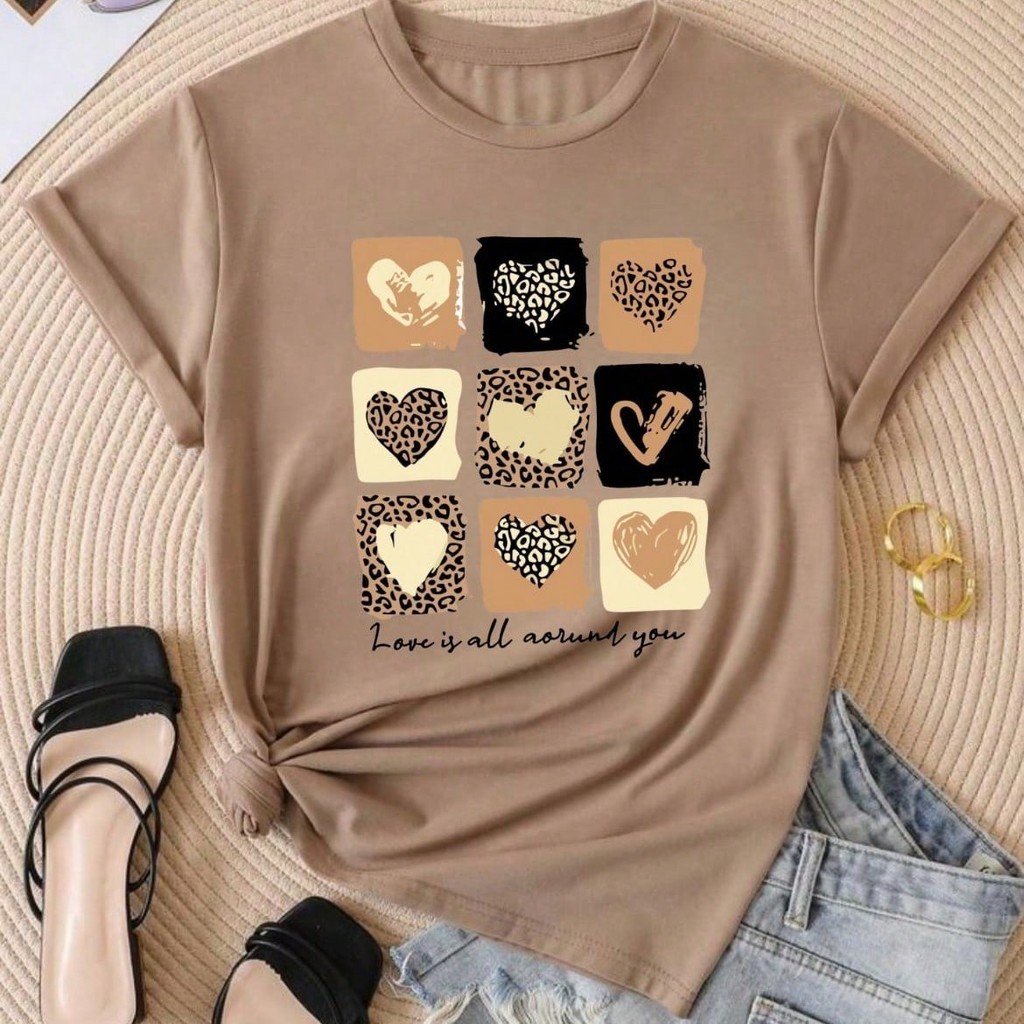 Camiseta T-shirt Love Coração Animal Print Tendencia Babylook 100% Algodão Blusinha em Oferta na Shopee