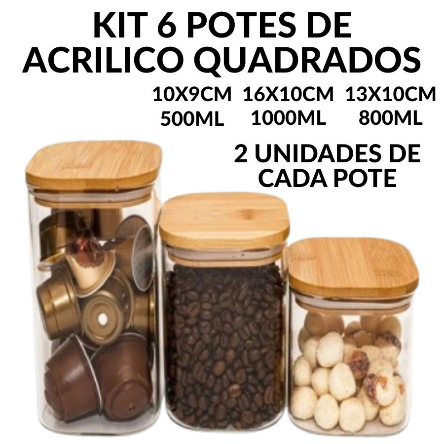 KIT 6 Potes Herméticos 3 Tamanhos 500ML 800ML 1000ML Organizadores de Acrílico com Tampa Bambu Vedação Forte