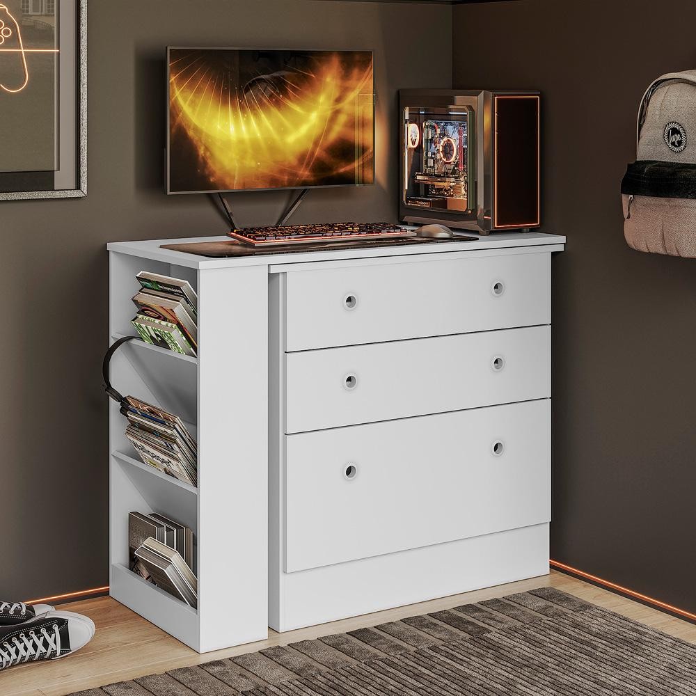 Cômoda com Mesa Giratoria Gamer Branco - Qmovi