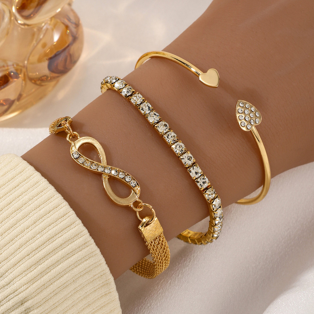 pulseira  Moda dourada diamante corrente pulseira de 8 caracteres conjunto - 3 Peças Com Diamantes Brilhantes