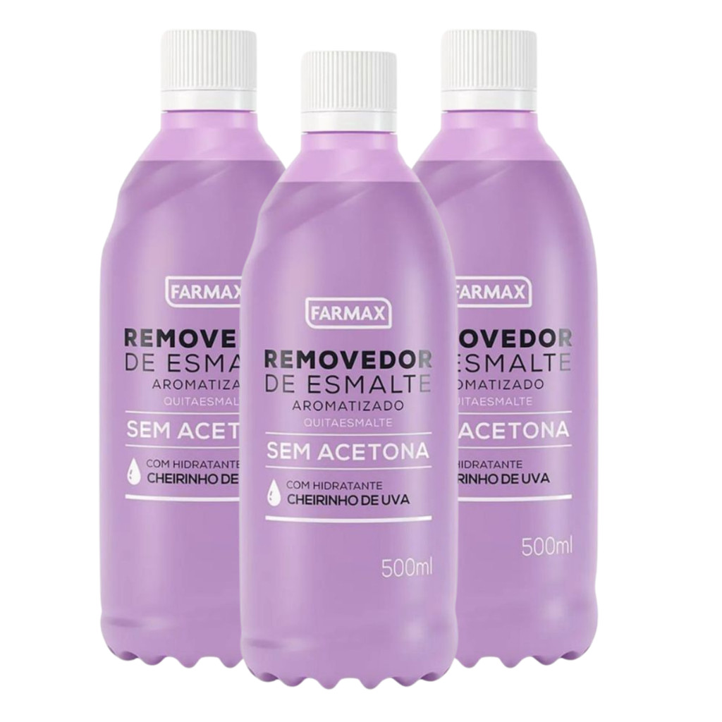Kit 3 Removedores de Esmalte Farmax 500ml – Sem Acetona, Hidratação Intensa e Fragrância Suave 🍇💅