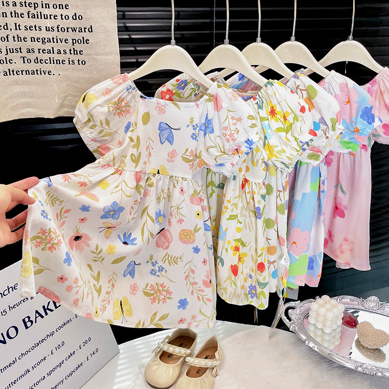 Meninas algodão vestido de seda verão manga curta Floral A linha saia menina bebê médio pe...