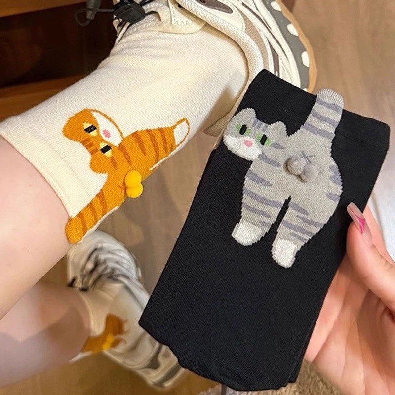 Kawaii Dos Desenhos Animados Gato Bolas Meias Novidade Engraçado Bunda Impressão 3D Gatinho Ovo Design Feminino Meninas 