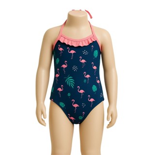 Maiô Infantil Flamingo Azul Marinho com Alça Rosa e Babado em Oferta na Shopee