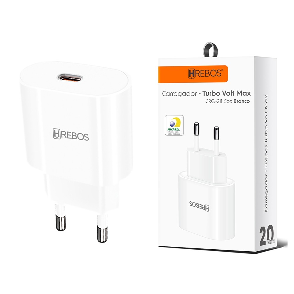 Fonte Carregador PD 20w USB-C Turbo Power Hrebos CRG-211 Compatível  Samsung / iPhone X XS XR 11 12 13 14 15 16 Pro Max