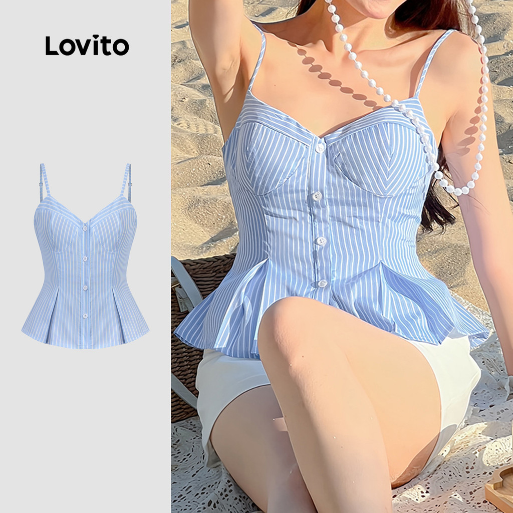 (New) Lovito Blusa Casual de Botões No Topo com Pregas  Linha Estrutural  Primavera/verão  Azul  para mulher L144AD031 em Oferta na Shopee