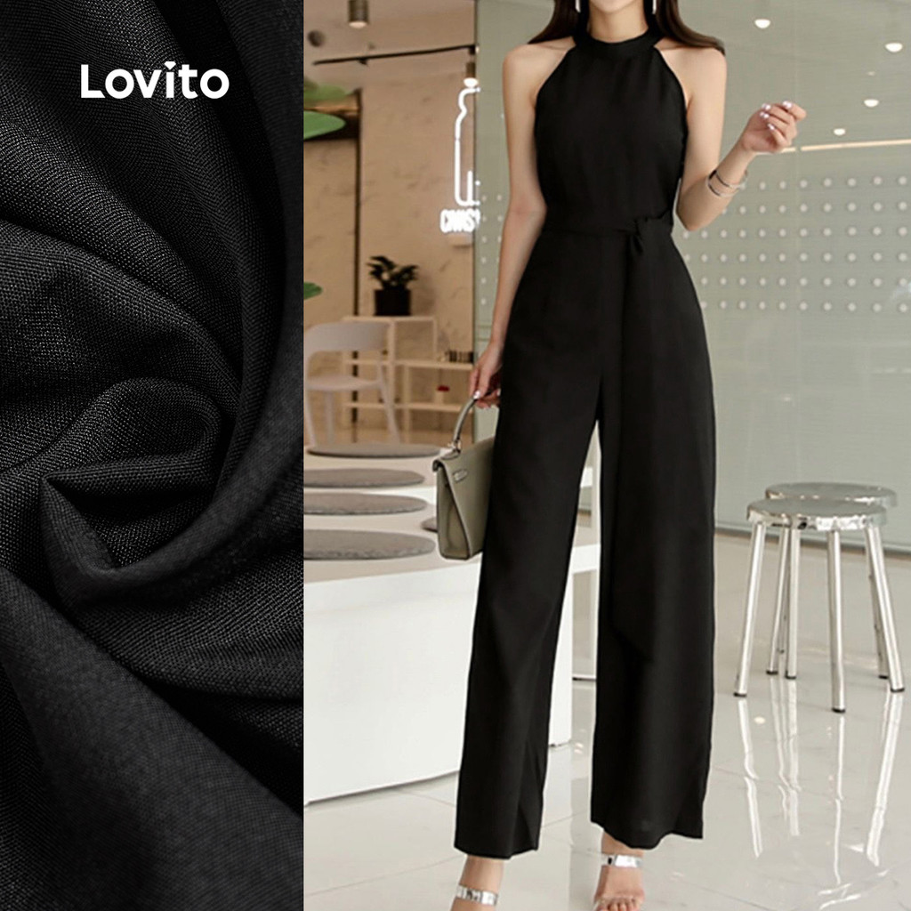 (New) Lovito Macacão Casual com Cinto  Recortes  Primavera/verão  Preto  para mulheres L143ED031 em Oferta na Shopee