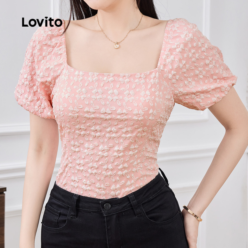 (Lovito Refine) Blusa Casual Jacquard Colorblock Primavera/verão Rosa para Mulheres LR13E239
