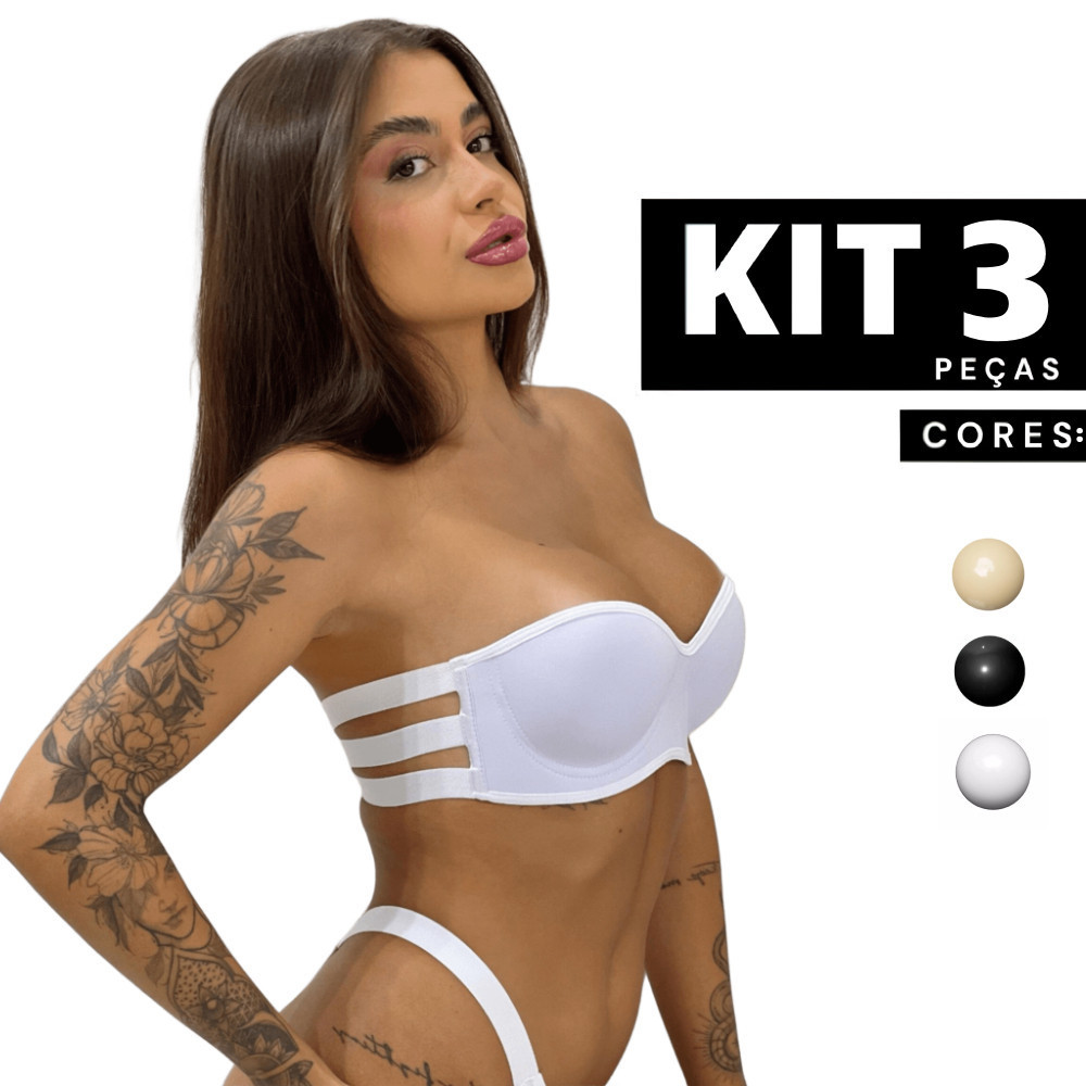 Kit 1 à 3 Sutiã Tomara que Caia com Bojo 3 Tiras Sem Alça Confortável Lingerie Barato Ajustável Sexy