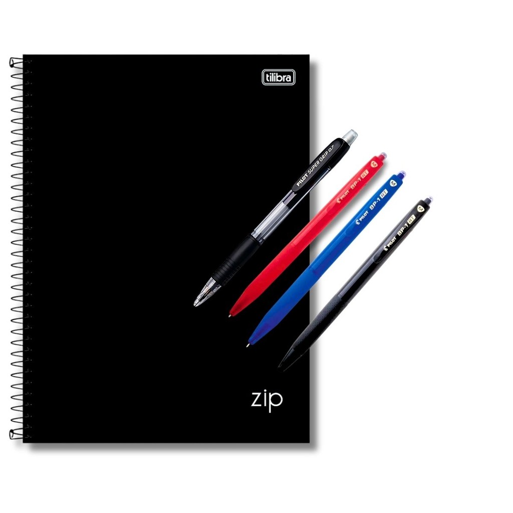 KIT 5 ÍTENS CADERNO 256FLS ZIP PRETO TILIBRA 3 CANETAS BP LAPISEIRA 0.7 BORRACHA NA PONTA GRIP PILOT
