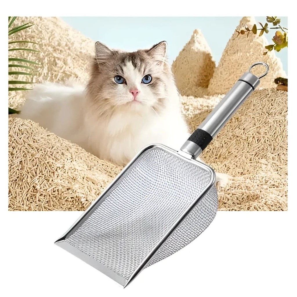 Pá Peneira de Areia Coletora Higiênica Pet Gato Cachorro Lagarto Aço Inox
