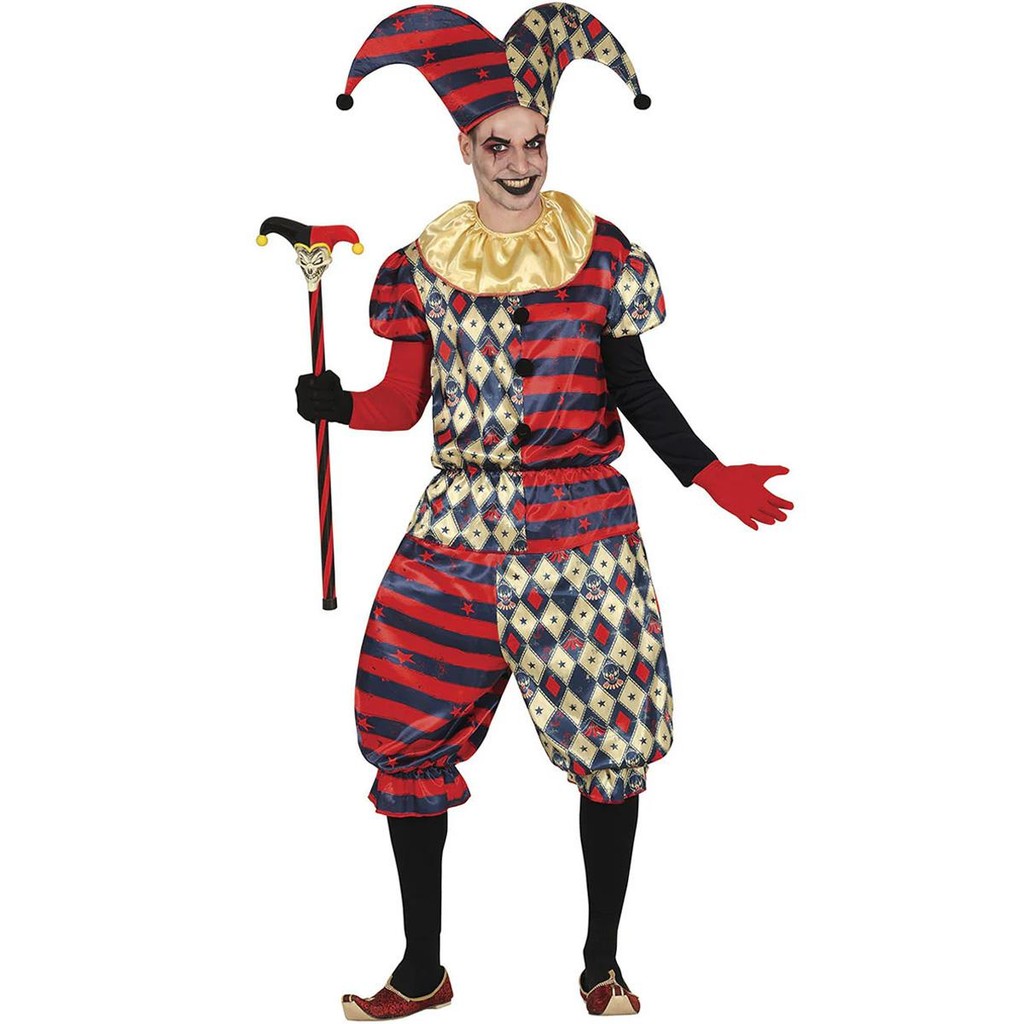 Fantasia Masculina Halloween Palhaço Assassino Super Luxo Com Chapeu Bobo da Corte