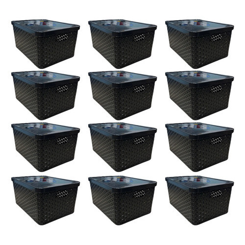 Kit 12 Cesto Caixa Organizadora Rattan 4 Litros Preto Com Tampa