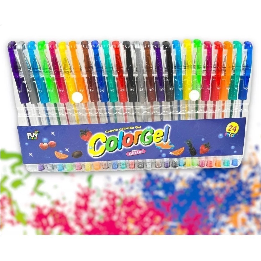 Baratinha 24 Unidades Canetas Gel Cheirinho de Frutas Coloridas Perfumadas Glitter Neon Tons Pastel(Tem)