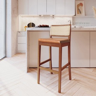 Banqueta com Encosto e Apoio para Pés Tiê CabeCasa MadeiraOriginals Amêndoa/Couro Caramelo em Oferta na Shopee