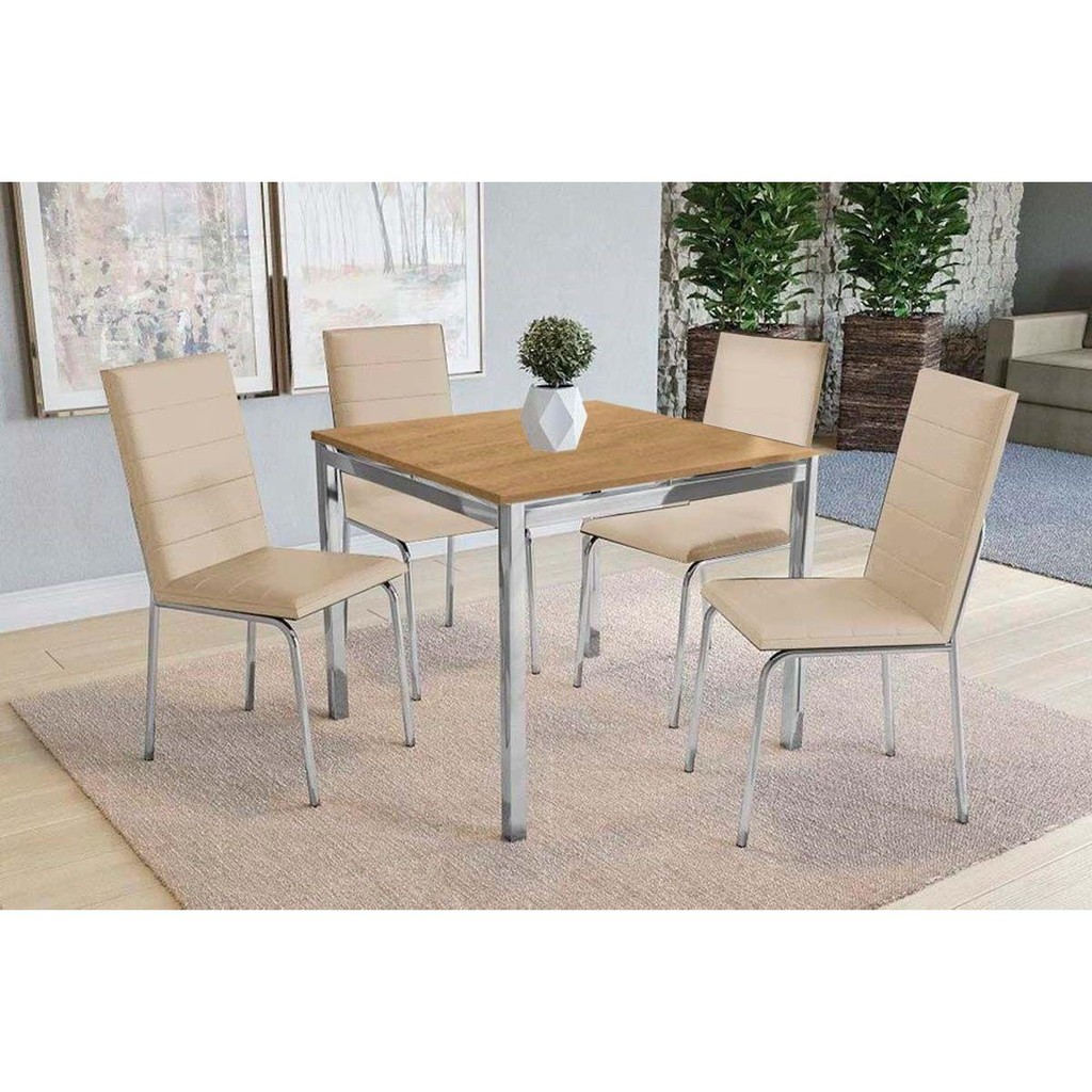 Sala de Jantar Completa Reno c/ Tampo de Madeira 90cm + 4 Cadeiras Amsterdã Cromada/Nude 16 - Kappesberg