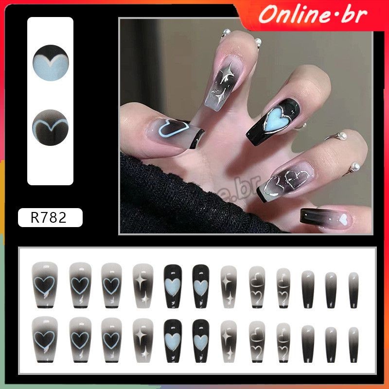 ✅ Removable Fake Nails Black Smudging Hand Drawn Love Silver Star Mid-length Ballet Armor 24 Pcs Sweet Cool Nail Art Patch Manicure Tools For Nail Shop Oline.br